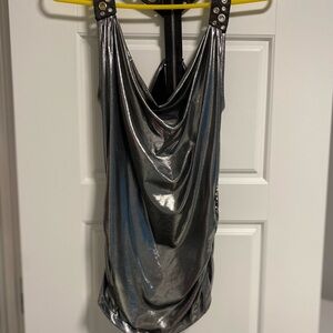 SUPER SEXY TANK TOP- Shimmering Silver Cowl Neck Blouse, grommet & zipper detail